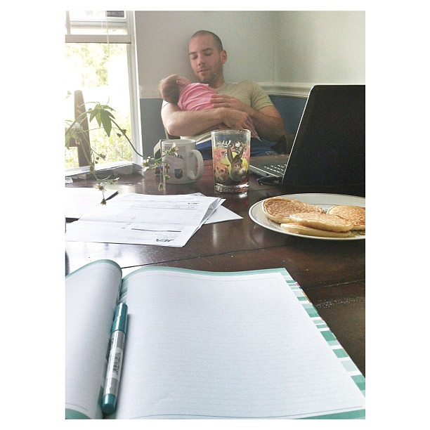 Today looks like this. Me wanting to write but can't find the words and him exploring employment options...with a little breakfast dishes still on the table and baby loving. We are clinging to God's promises today.