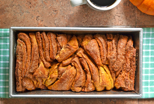 Overhead photo of Pumpkin Pull Apart Bread in a loaf pan