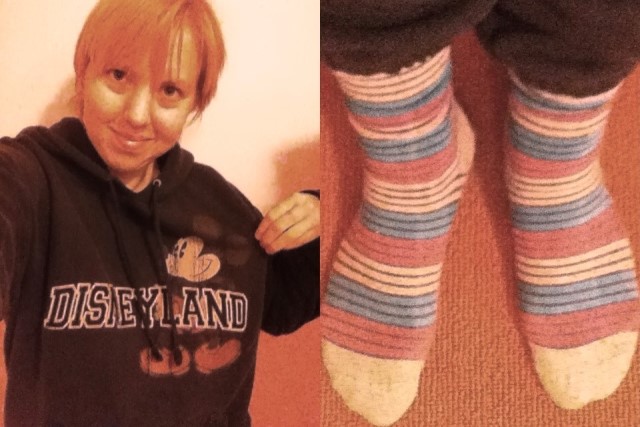 mental health day selfies, Disneyland sweatshirt and striped socks