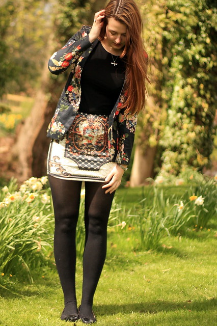 OOTD, outfit of the day, floral blazer, black top, miniskirt, tights, black flats
