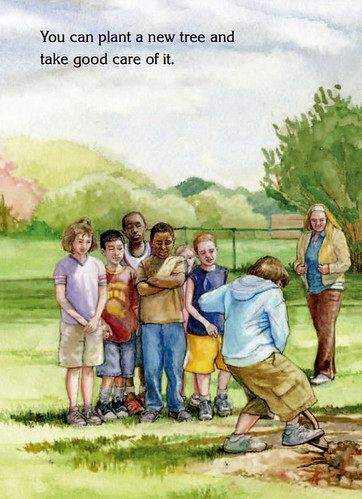 At the end of the book, “Why Would Anyone Cut a Tree Down?” the illustration depicts children planting trees. (Illustration by Juliette Watts, U.S. Forest Service)