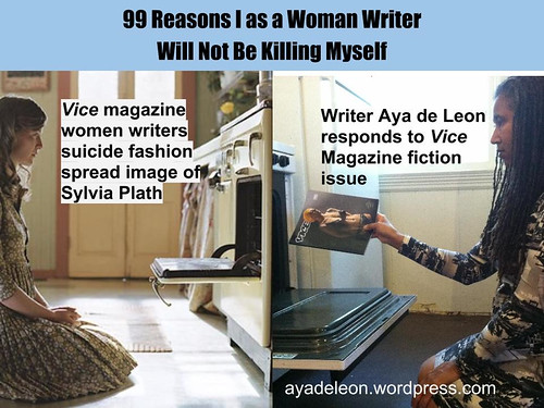 Aya de Leon feeding a Vice magazine into an oven, spoofing their photoshoot of Sylvia Plath