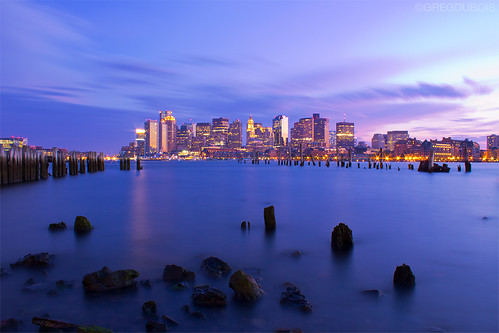 Boston Skyline during Blue Hour from Carlton Wharf East Boston, 2 Minute Exposure by Greg DuBois Photography