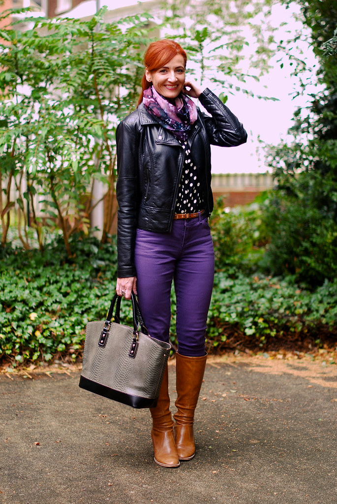 Biker jacket, purple skinnies & tan boots