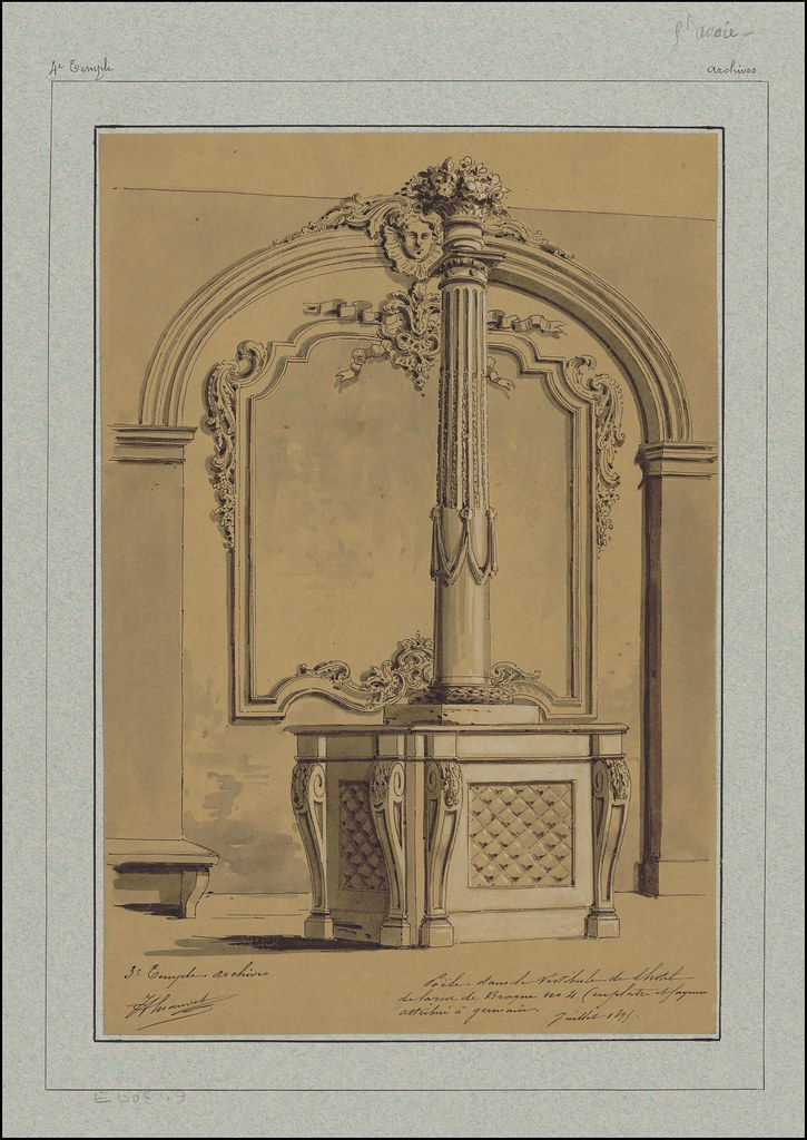 sketch of ornate pipe from heating stove or embellished vestibule pole in Rue de Braque hotel in 19th century Paris
