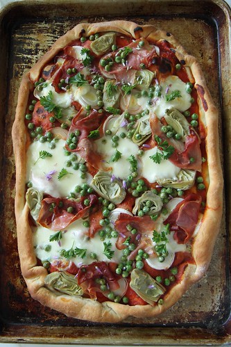 Artichoke, Leek, Prosciutto and Pea Pizza