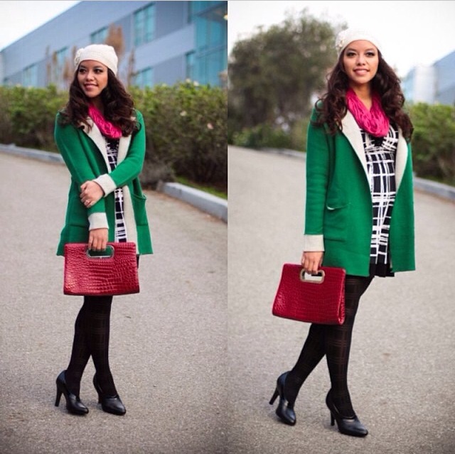 instagram-pslilyboutique-los-angeles-fashion-blogger-Green cardigan coat, grid dress, plaid tights, leather booties, red clutch, white beanie