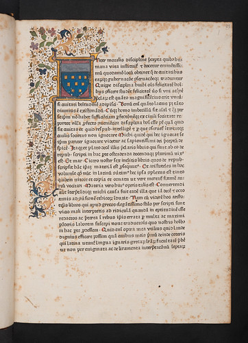 Decorated page incorporating coat of arms in Aristoteles: Ethica ad Nicomachum