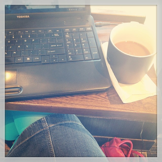 It's a day for bright tights, lots of writing and a free fancy coffee from my barista. #happyworkday