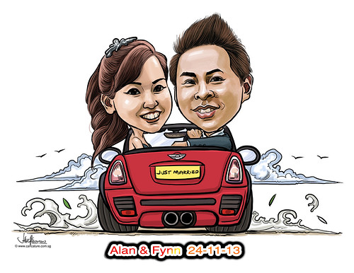 digital wedding couple caricatures on mini cooper convertible