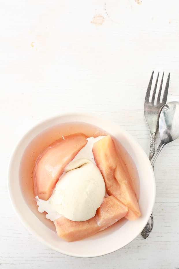 poached quince with vanilla ice cream | kitchen heals soul