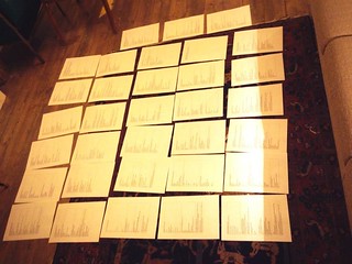 Some 170 play-in-a-tweets ready formatted and laid out on the floor. Photo © Village Pub Theatre