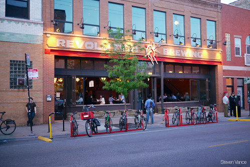 New bike parking corral at Logan Square's Revolution Brewing