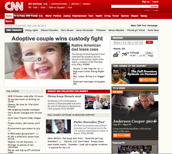 CNN's front page, with tiny link to filibuster news