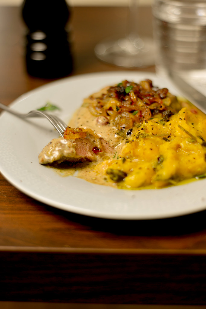 veal liver in cream sauce, caramelized onion, pumpkin mash with sage and garlic