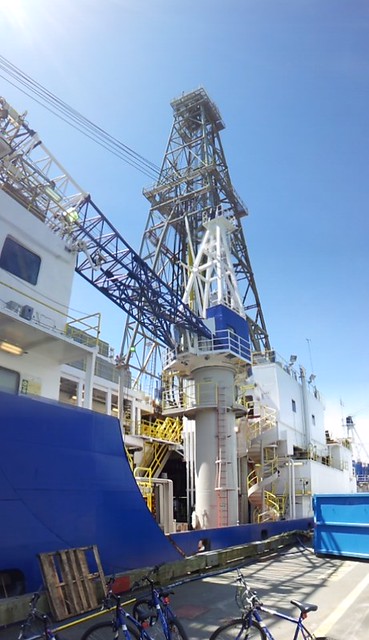A port side view of the work decks of the JOIDES Resolution.