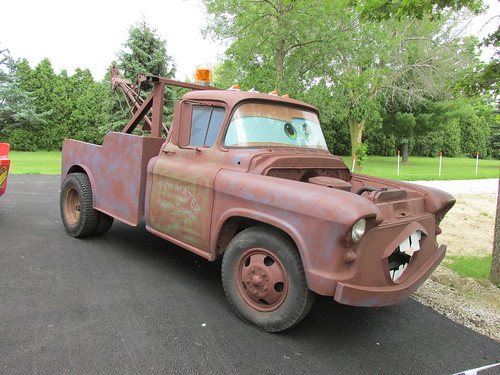 A full sizes replica of "Tow Mater" from the Walt Disney /  Pixar Studios animated movie "Cars".  The Volo Auto Museum.  Volo  Illinois.  June 2013. by Eddie from Chicago