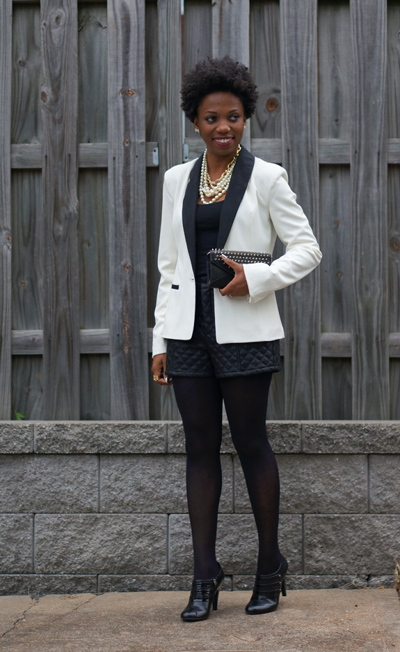 Forever 21 Faux Leather Quilted Shorts, JCrew factory multistrand pearl necklace, tuxedo jacket 2