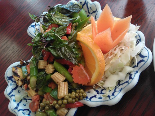 Fabulous Thai dinner, veggies, basil, corn, orange, carrot, chicken, Thai plate, Amarin Thai Cuisine, Santa Clara, California, USA by Wonderlane