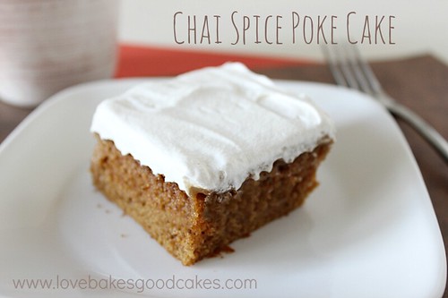 Chai Spice Poke Cake on plate with fork.