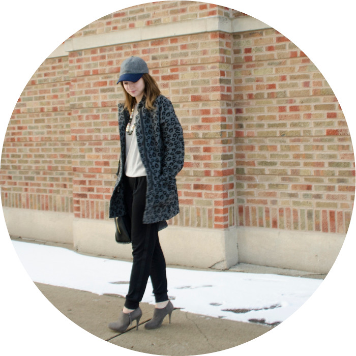 winter outfit, j.crew baseball hat, wayf track pants, crepe sweatpants, gray suede ankle boots, old navy leopard blanket coat, winter neutrals, dash dot dotty