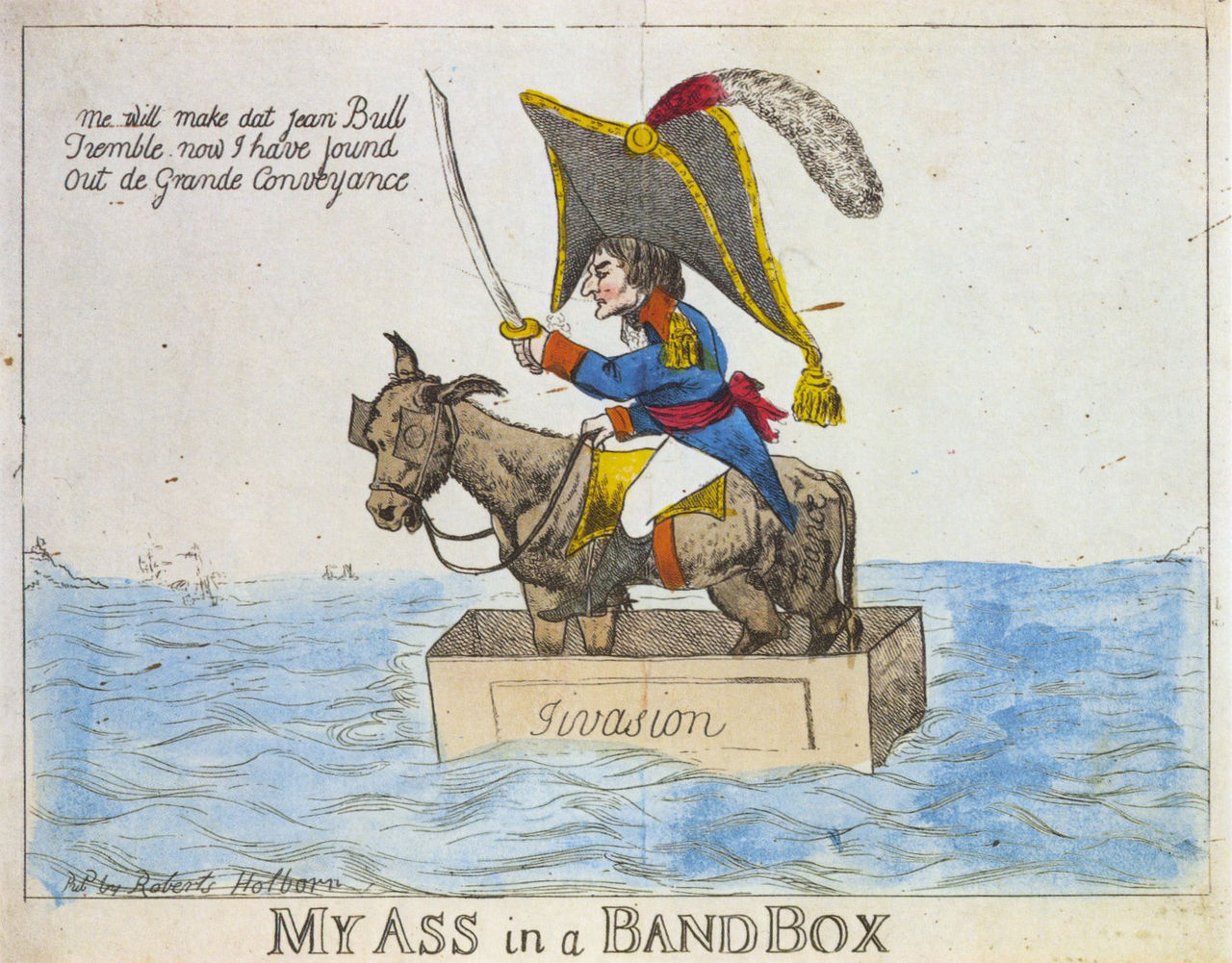 "My ass in a bandbox". British cartoon mocking Napoléon's invasion plans against England