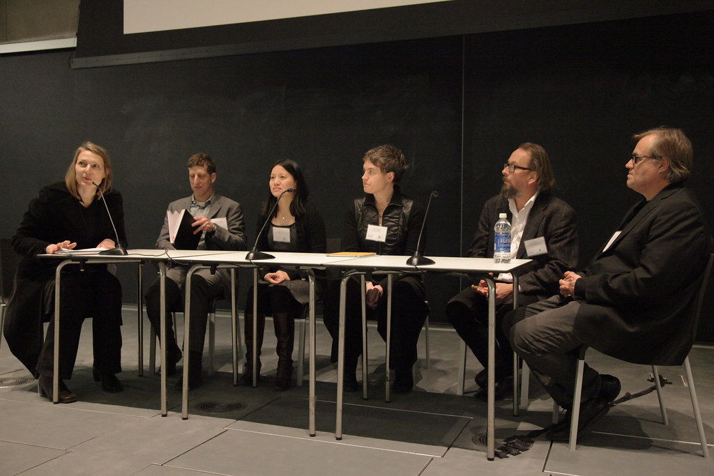 The panel discussion following the third session. From left to right: moderator Dana Cupkova, Alexander Felson, Shu Yang, Jenny Sabin, Soren Sorensen, and Birgir Sevaldson.