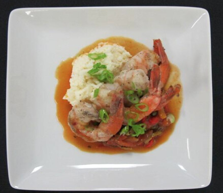 Shrimp with Veracruz Sauce, Cream Rice, Pepper Medley
