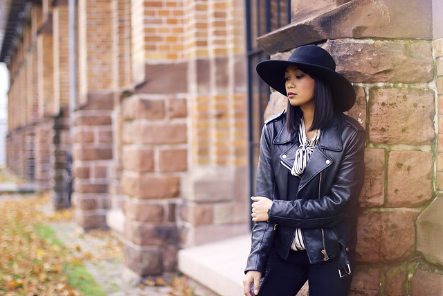 acne mape leather jacket- new yorker blouse- h&m saint laurent new icons hat