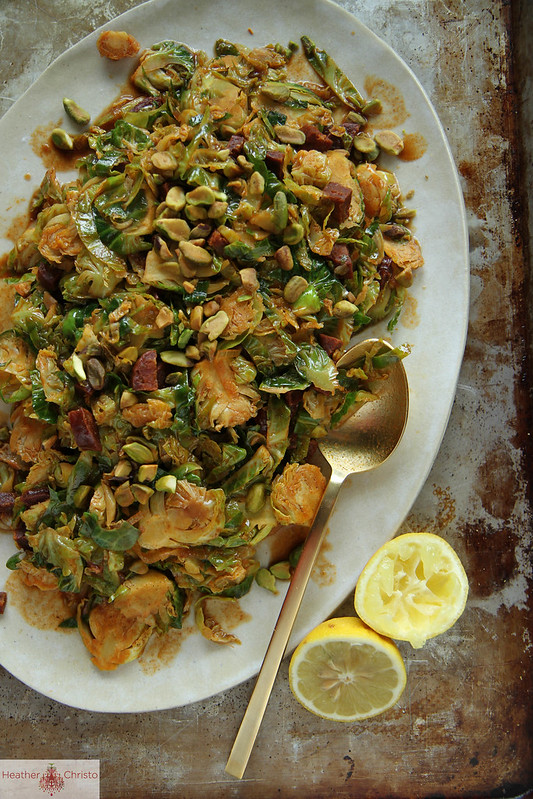 Shredded Brussels Sprouts with Chorizo and Paprika