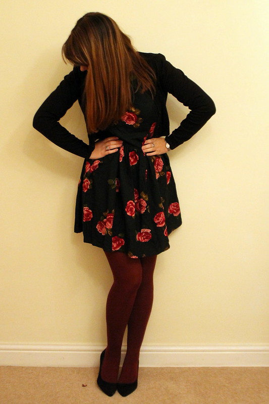 Leather jacket, floral Primark dress, burgundy tights, satchel, heels, uk style blog