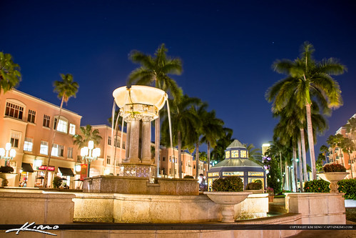 Mizner Park Water Fountain Night Life Boca Raton City Downtown by Captain Kimo