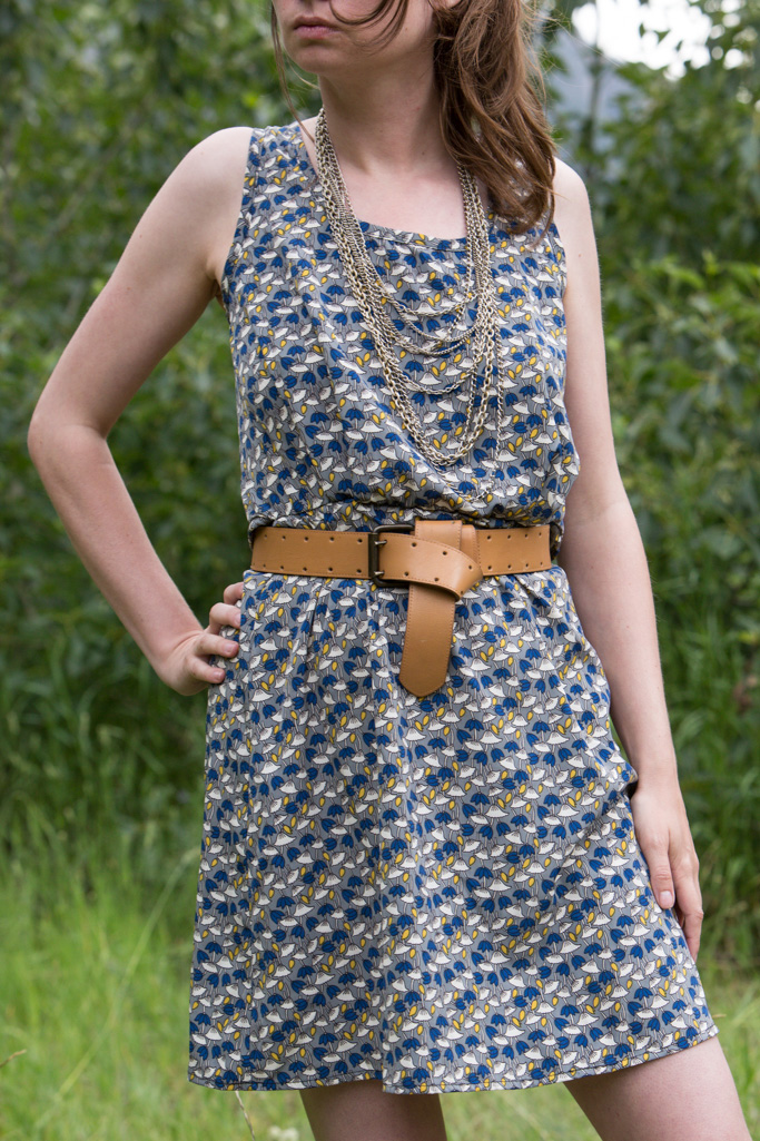 blue dress, cut-out dress, chain necklace, brown belt, Never Fully Dressed, 