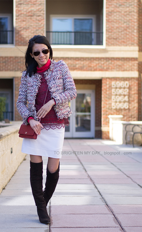 tweed jacket, lace top, white skirt, over the knee brown suede boots