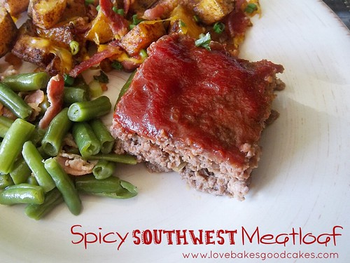 Spicy Southwest Meatloaf with green beans and taco tatos on plate.