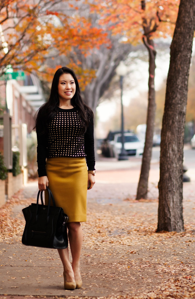 cute & little blog | black gold studded sweater, j. crew mustard pencil skirt, celine mini luggage tote outfit