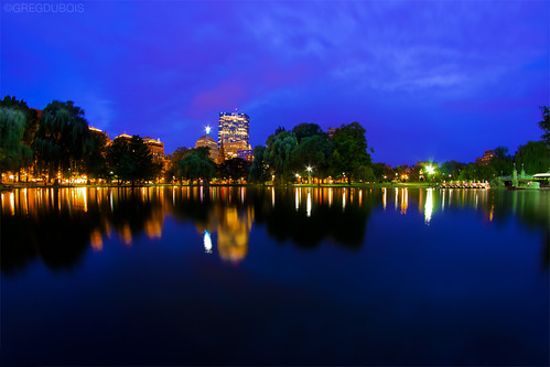 Boston Public Garden Pond and Back Bay Skyline during the Blue Hour by Greg DuBois Photography