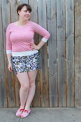 Missmatch outfit: double floral "buttoned and blossomed sailor shorts" from Anthropologie, red striped mariniere breton top, candy-striped open-toe flats, maiden braids