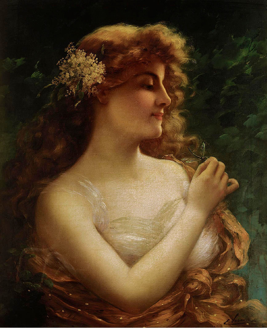 Young Woman with a Dragonfly by Emile Vernon - Date unknown