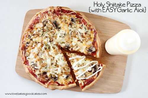 Copycat Holy Shiitake Pizza {with EASY Garlic Aioli} on cutting board.