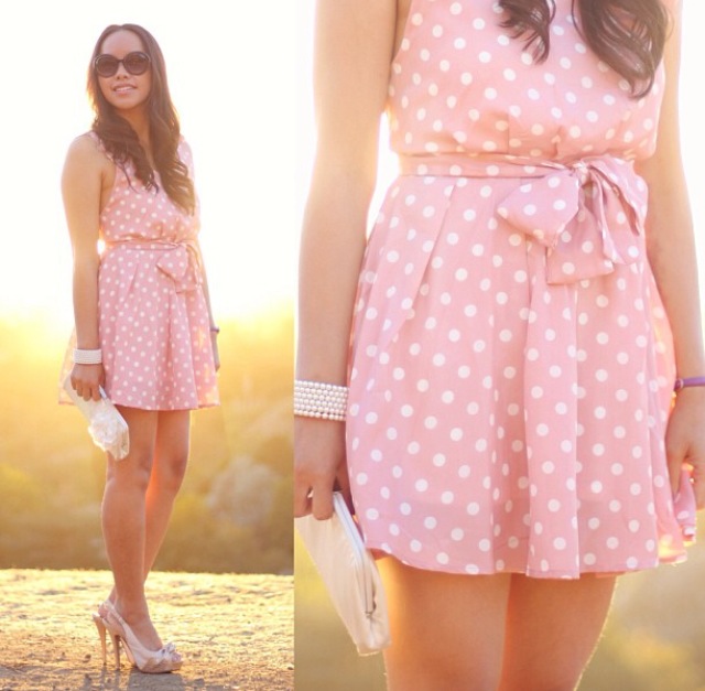 Instagram-pslilyboutique-los-angeles-fashion-blogger-Pink polka dot dress, white clutch, satin heels, pearl bracelet