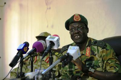 Chief of Staff of South Sudan's army, General James Hoth Mai speaks during a media update, with regards to the current fighting with rebels in north of the country, in Juba January 2, 2014. by Pan-African News Wire File Photos