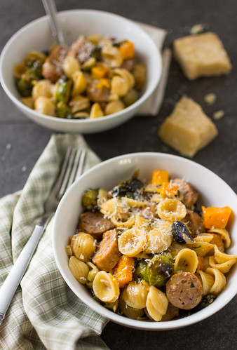 Orecchiette with butternut squash, brussel sprouts and sausage