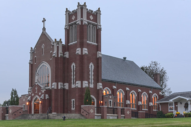 Saint John the Evangelist Roman Catholic Church, in Paducah, Kentucky, USA - exterior at dusk