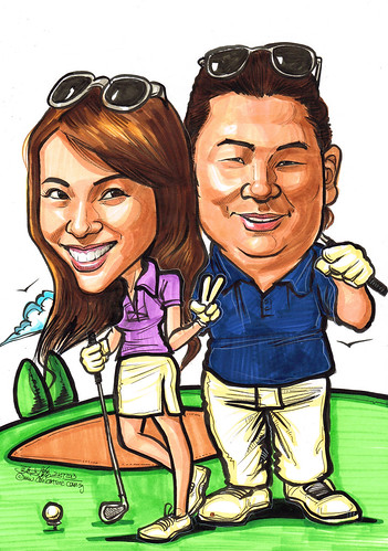 couple caricatures at golf course