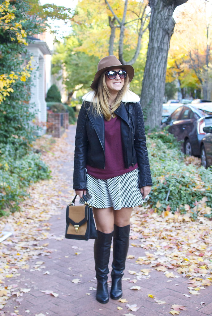 fall outfit, cute girly fall outfit, the best of fall clothes, fall style, fall fashion, dc blogger, dc style, fashion blogger, over the knee boots, fall hats, leather jacket, fur collar
