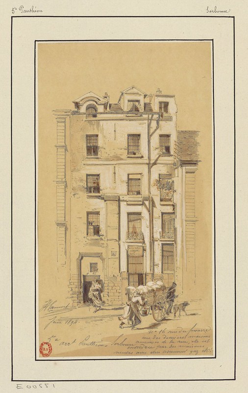 19th c. street scene watercolour drawing: goods on a cart outside 3-storey apartment block