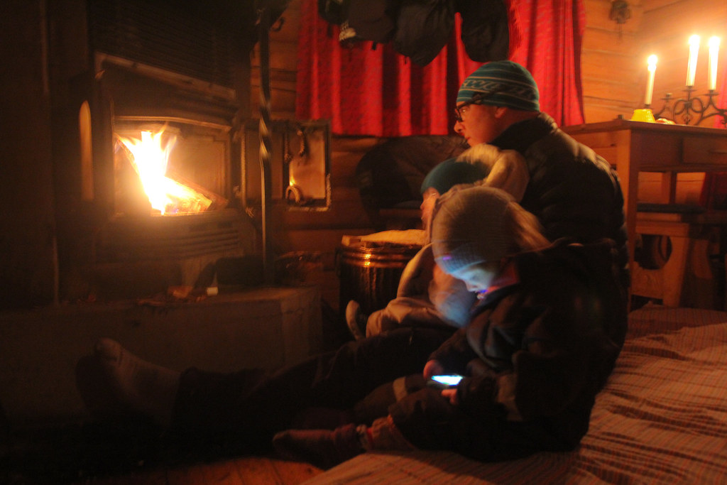 Evening by the fire in DNT cabin, Norway