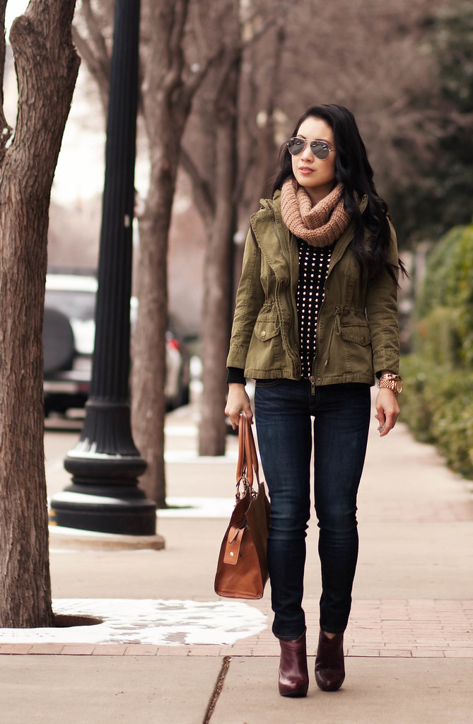 cute & little blog | fall/winter layering outfit | tan cowl scarf, utility jacket, black gold studded sweater, rag bone skinny jeans, ankle boots, ray ban silver mirrored aviator sunglasses