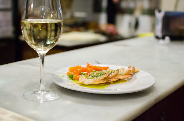 A tapa of grilled shrimp with pickled carrots at Las Teresas in Sevilla, Spain.